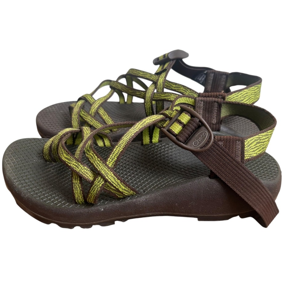 Chaco Z2 Yampa Womens Size 7 Brown Lime Green Strappy Toe Loop Vibram Sandals